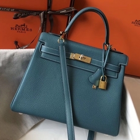 Hermes Kelly 28cm Bag In Blue Jean Clemence Leather GHW Replica HMSD9V63VS8