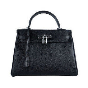 Hermes Kelly 28cm Shoulder Bags Black Grainy Leather Silver Top Replica HMSJWB8HTHG