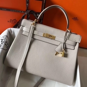 Hermes Kelly 32cm Bag In Pearl Grey Clemence Leather GHW Replica HMSCF8922F8