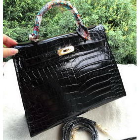 Hermes Kelly 32cm Shoulder Bag Croco Leather K32CO Black 1:1 Replica HMS654SK4ST
