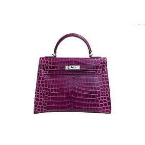 Hermes Kelly 32cm Shoulder Bag Purple Croco Patent Leather K32 Silver Top Replica HMS86BA787P