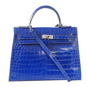 Hermes Kelly 32cm Shoulder Bags Blue Iridescent Croco Leather Gold Top Replica HMS11BB4TN3