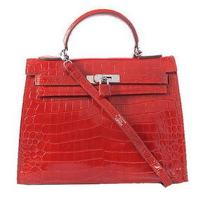 Hermes Kelly 32cm Shoulder Bags Red Iridescent Croco Leather Silver HMSBVU9P33H