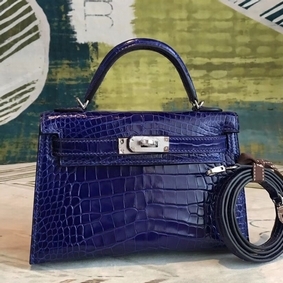 Hermes Kelly Mini II Handmade Bag In Blue Alligator Crocodile Top Replica HMSTBC3R252