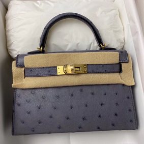 Hermes Kelly Mini II Handmade Bag In Gris Agate Ostrich Leather Replica HMSA4XHU2LL