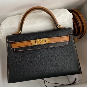 Imitation Hermes Kelly Mini II Sellier Bicolor Handmade Bag in Black and Gold Epsom Calfskin HMS4L20MS2U
