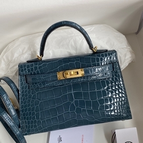 Cheap Hermes Kelly Mini II Sellier Handmade Bag In Blue Jean Shiny Alligator Leather HMSY74Q1DUI