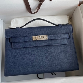 Hermes Kelly Pochette Handmade Bag In Blue Saphir Epsom Calfskin Replica HMS3PLK1D6B