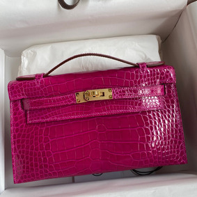 Fake Hermes Kelly Pochette Handmade Bag In Rose Scheherazade Shiny Alligator Leather HMSQMD3O5NL