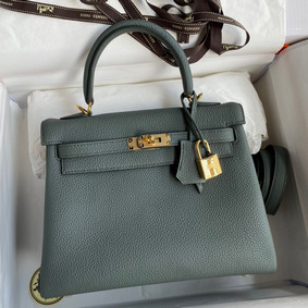 Knockoff Hermes Kelly Retourne 25 Handmade Bag In Vert Amande Clemence Leather HMS9YEY8630