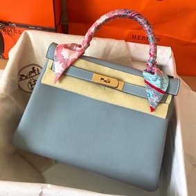 Hermes Kelly Retourne 28 Handmade Bag In Blue Lin Clemence Leather Replica HMS7ZP4P9H7