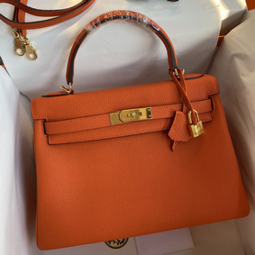 Hermes Kelly Retourne 32 Handmade Bag In Orange Clemence Leather 1:1 Replica HMSM8O8F07W