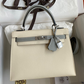 Hermes Kelly Sellier 25 Bicolor Bag in Craie and Gris Mouette Epsom Calfskin HMSXQFS7IW9