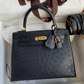 Hermes Kelly Sellier 25 Handmade Bag In Black Ostrich Leather HMS487LYMY7