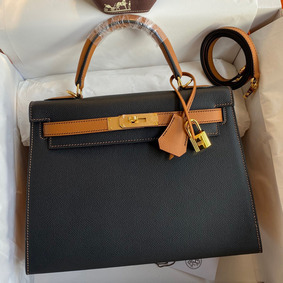Cheap Hermes Kelly Sellier 28 Bicolor Bag in Black and Gold Epsom Calfskin HMSU6Q3CKQ6