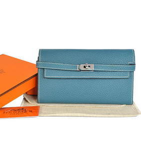 Hermes Kelly Wallet Togo Leather Bi-Fold Purse A708 Blue Replica HMS7DV730MF