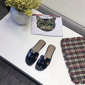 Replica Hermes lady leather Slipper HO808HMJ black HMSPQU8XC9Q
