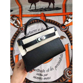 Fake Hermes original mini Kelly chevre mysore K19CM black&silver Metal HMSBVSRAVE7
