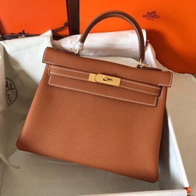 Fake Hermes original Togo leather kelly bag KL320 brown HMSJT4W7JYS