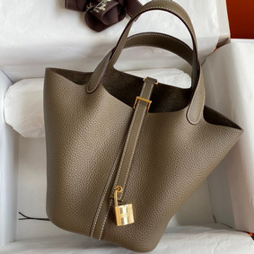 Hermes Picotin Lock 18 Handmade Bag in Taupe Clemence Leather Replica HMSB108252D