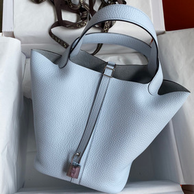 Hermes Picotin Lock 22 Handmade Bag in Blue Brume Clemence Leather Replica HMSYMP3GV8Z