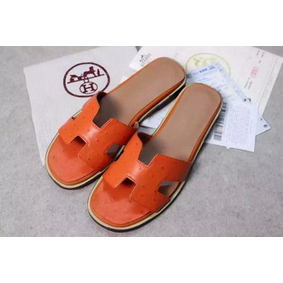First-class Quality Hermes Slipper Ostrich Leather HO0486 Orange HMSJITPX6GB