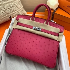 Top Replica Hermes Birkin 25 Handmade Bag In Rose Red Ostrich Leather HMSA1B8E6B1