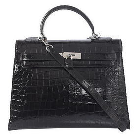 Hermes Kelly 32cm Shoulder Bags Black Iridescent Croco Leather Silver HMS9YEY8630