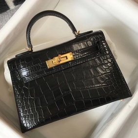 Copy Hermes Kelly Mini II Bag In Black Embossed Crocodile Leather HMS5B6SW5AC