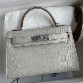 AAA Hermes Kelly Mini II Sellier Handmade Bag In Grey Matte Alligator Leather HMS51BA5O8J