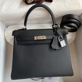 Fake Hermes Kelly Retourne 25 Handmade Bag In Black Swift Calfskin HMS4790TFA1