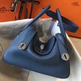Imitation Hermes Lindy 26cm Bag In Blue Agate Clemence Leather PHW HMSSI939ZWQ