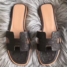 Hermes Oran Sandals In Black Ostrich Leather Top Replica HMS8FULQP13