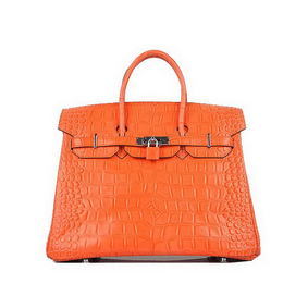 Quality Hermes Birkin 35CM Orange Croco Leather Tote Bag Silver Top Replica HMSWT118DGH
