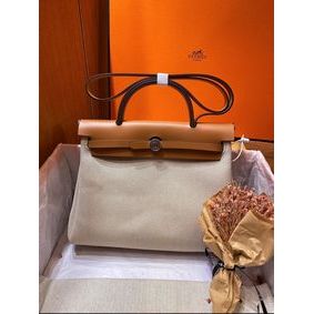 Hermes Herbag 31CM Original Canvas Leather & Calfskin 45988 brown&white HMS7XXJ99E4