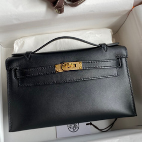 Fake Hermes Kelly Pochette Handmade Bag In Black Swift Calfskin HMSY4P4MXBO