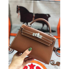 Hermes original mini Kelly chevre mysore K19CM brown&silver Metal Top Replica HMS84NC0M4Y